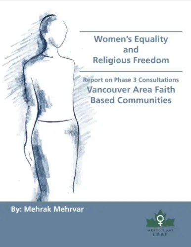 A report cover titled "Women's Equality and Religious Freedom" with a drawing of a sketched figure.